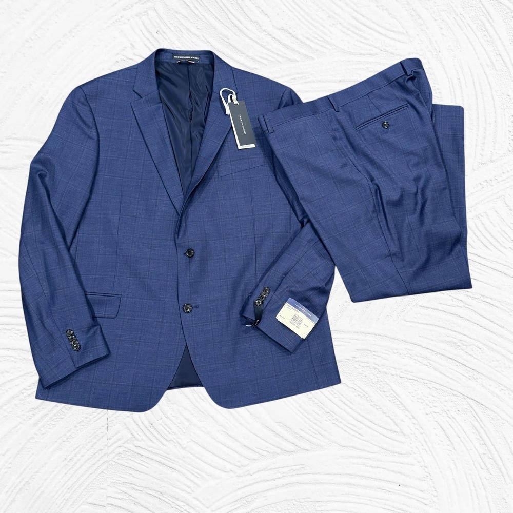Tommy Hilfiger Suit $595 Blue Windowpane Modern Slim Fit Stretch 46R 40W 29L